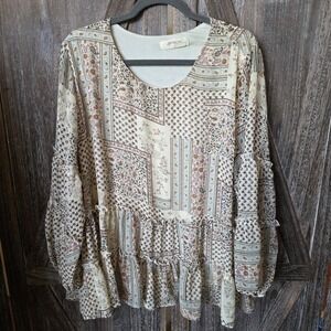 A Beautiful Soul Shirt Multi Color Floral Ruffles Tiered Lightweight‎ Boho Sheer